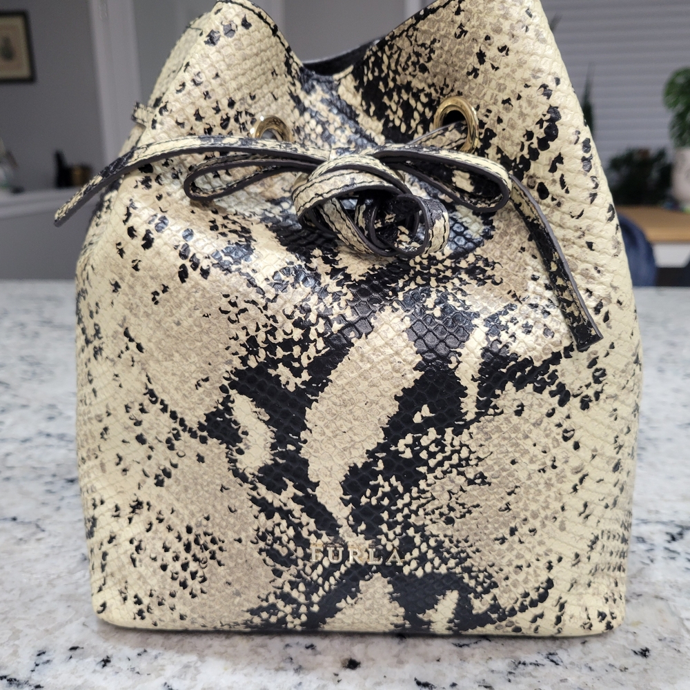Furla Black and Cream Snakeskin Bucket Bag